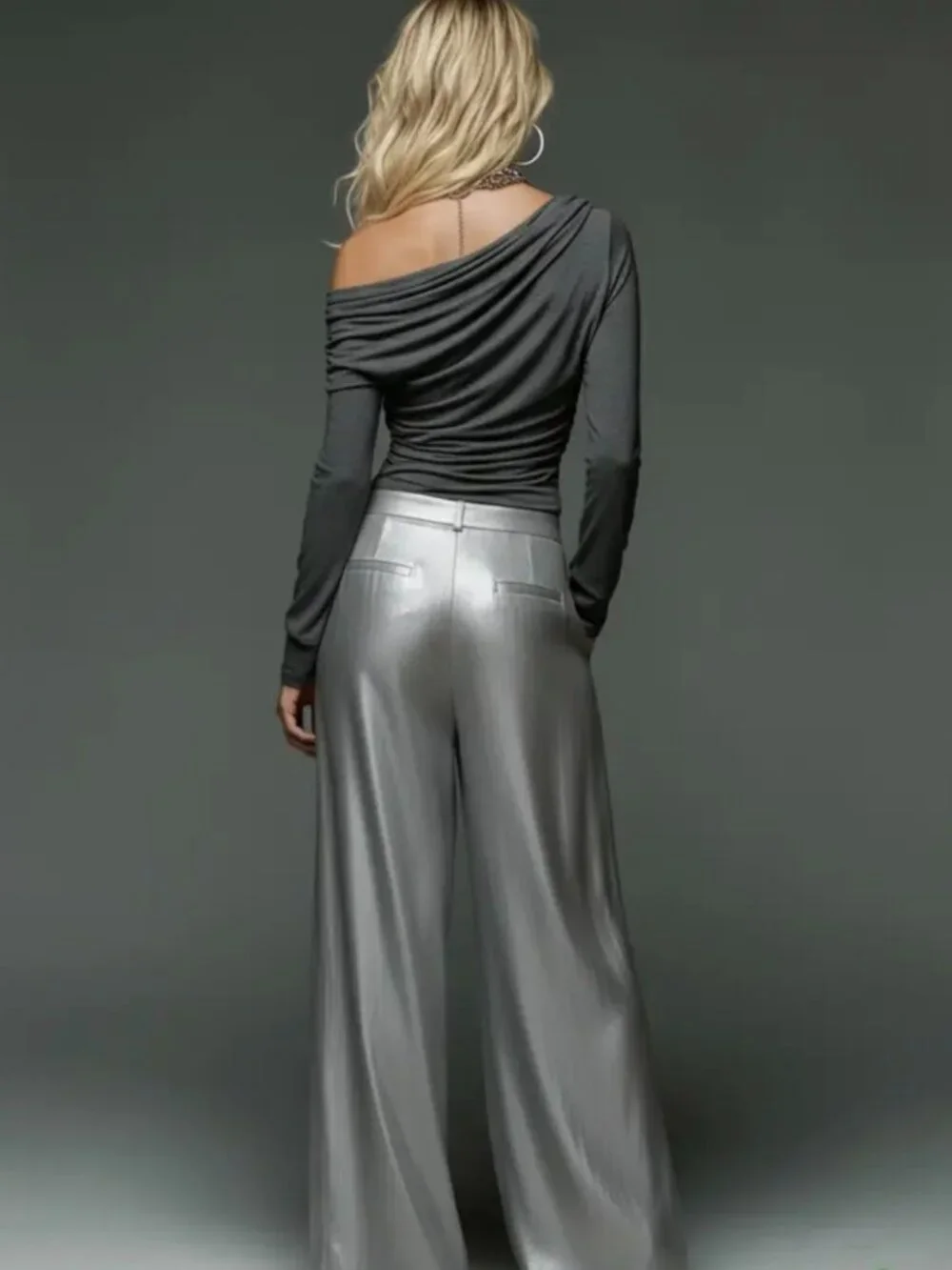 One-Shoulder Ruched Long-Sleeve Top And Silvery High-Waisted Loose Wide-Leg Pant